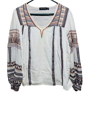 Women’s Bohemian Antik Batik White Embroidered Peasant Blouse Sz M